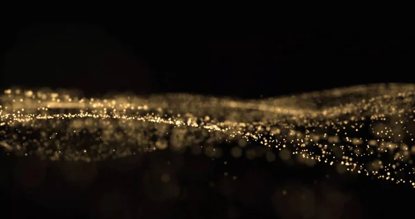Χρυσαφί γκλίτερ και λαμπερά ελαφρά σωματίδια κυματίζουν, αστραφτερή ροή σκόνης πιτσιλίζουν. Χρυσό φως bokeh λάμψη, λαμπερά σπινθήρες ροή επικαλύπτονται σε μαύρο φόντο — Φωτογραφία Αρχείου