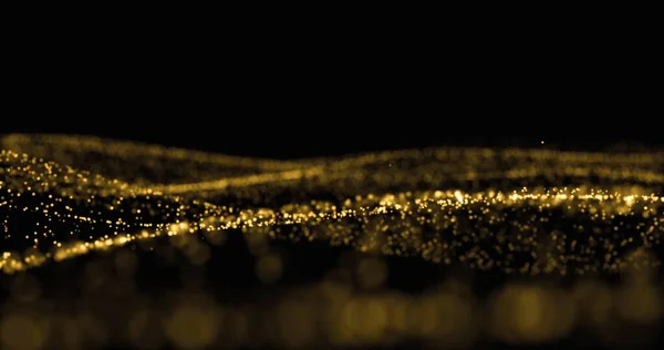 Goldglitzern, glitzernde Lichtteilchen und glühende Staubwellen. Gold Bokeh Licht glühen, schimmernde Funken fließen Spritzwelle auf schwarzem Hintergrund — Stockfoto