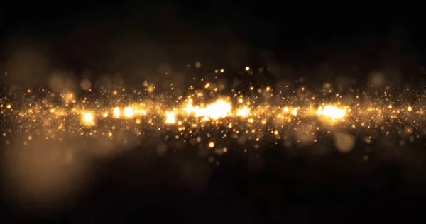 Gouden glitter lichtgolf, sprankelende deeltjes stralen bokeh effect op zwarte achtergrond. Glanzende gouden vonken en glinsterend fonkelend licht — Stockfoto