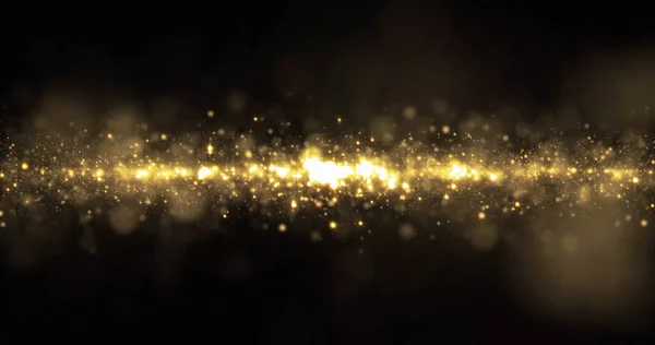 Χρυσό λαμπερό φως κύμα, αφρώδη σωματίδια λάμψη ροή, λαμπερό φαινόμενο bokeh. Λαμπερό χρυσό σπινθήρες και λαμπερό αφρώδες φως σε μαύρο φόντο — Φωτογραφία Αρχείου