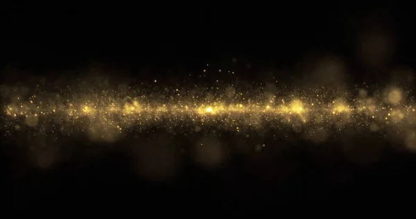 Goldglitzern, glitzernde leichte Staubpartikel mit Bokeh-Licht. goldener glitzernder Lichtfunken, magisch schimmernde Glühüberlagerung auf schwarzem Hintergrund — Stockfoto