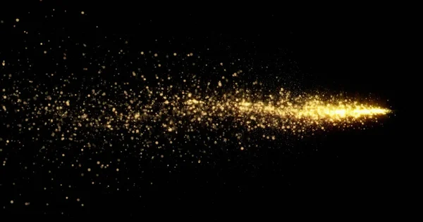 황금빛 반짝 이는 꼬리, 반짝 이는 빛나는 혜성 트레일 파도. 빛나는 마법의 광채, 검은 배경 위에서 타오르는 황금빛 불꽃 — 스톡 사진