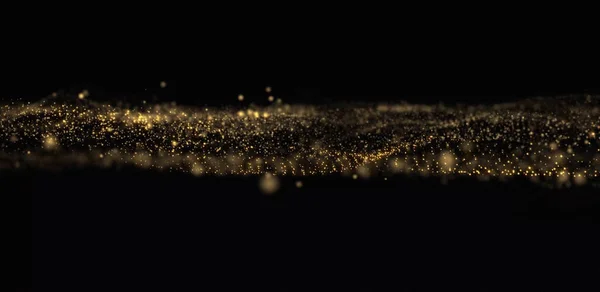 Altın parıltı dalgası, parlak ışık parçacıkları siyah arkaplanda akıyor. Parlayan altın bokeh ışığı, parıldayan toz kıvılcımları — Stok fotoğraf