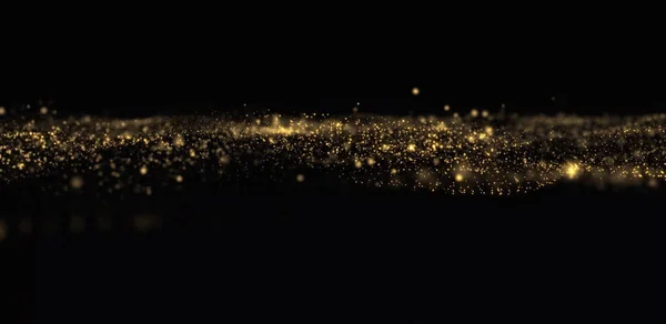 Golden glitter and sparkling bokeh light wave overlay on black background. Gold glittering particles sparkles, shimmering light sparks glow — ストック写真