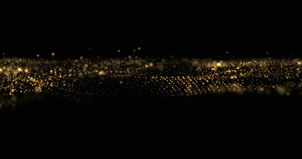 Gouden glitter en sprankelende bokeh lichtgolf in zwarte ruimte achtergrond. Gouden glinsterende deeltjes schitteren, glinsterende lichtvonken gloeien — Stockfoto
