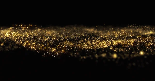 Golden glitter sparkles wave, sparkling particles light flow. Gold glittering sparks flow wave, shimmering light sparks glow on black background
