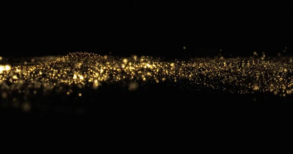 Gouden glittergolf, stralende deeltjes en gloeiende fonkelingen vloeien. Gouden glinsterende vonken, glinsterende lichtgolf op zwarte achtergrond — Stockfoto