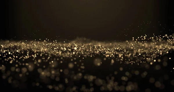 Χρυσό φόντο γκλίτερ, λευκά σωματίδια σκόνης bokeh φως σε αστραφτερό κύμα. Χρυσή λαμπερή λάμψη με λαμπερές λάμψεις, αφηρημένες μαγικές σπίθες φως λάμψη — Φωτογραφία Αρχείου