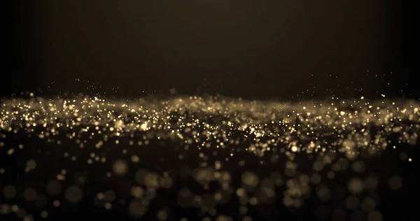 Fundo de brilho dourado com partículas de poeira luz e onda de brilho dourado. Brilho brilhante dourado com brilhos cintilantes, brilho de luz bokeh mágico abstrato — Fotografia de Stock