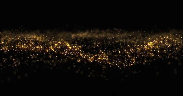 Guld glitter våg bakgrund, gyllene glittrande partiklar, bokeh ljus. Guld glöd och skimrande gnistrar glans, abstrakt magi ljusa gnistor — Stockfoto