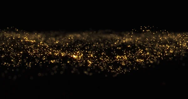 Arany csillogó részecskék hullám háttér, csillogó arany szikrák és sárga csillogó bokeh fény. Arany ragyogás és csillogó csillogás ragyog, elvont mágia fényes szikrák hullám mozgás — Stock Fotó