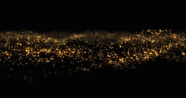Goldglitzerpartikel glänzen wellenförmig, goldglänzende Funken und gelb glitzerndes Bokeh-Licht. Goldglühen und schimmerndes Funkeln, abstrakte Magie helle Funken in Wellenbewegung — Stockfoto