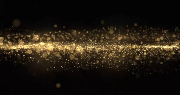 Gold glitter particles wave, light bokeh background, shining gold sparks. Gold glow and shimmering sparkles shine, abstract magic bright sparks in wave motion — Stock Photo, Image