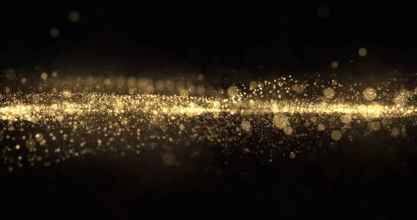 Ola de partículas de brillo dorado, bokeh de luz, chispas de brillo dorado, efecto de superposición de nieve. Brillo dorado y brillo brillante, magia abstracta movimiento de onda de luz brillante sobre fondo negro — Foto de Stock