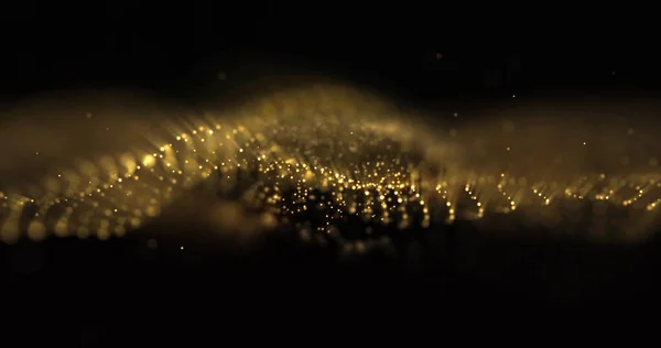 Partículas de brillo de oro, ondas de brillo de luz y chispas brillantes doradas. Brillo de brillo de oro brilla, partículas brillantes, onda de luz bokeh brillante — Foto de Stock