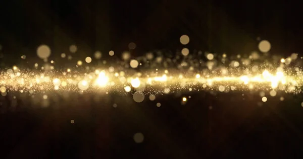 Brillo de oro, las partículas de luz brillan efecto bokeh, resplandor brillante magia brillante. Brillantes chispas de brillo de oro y resplandor de luz brillante sobre fondo negro — Foto de Stock