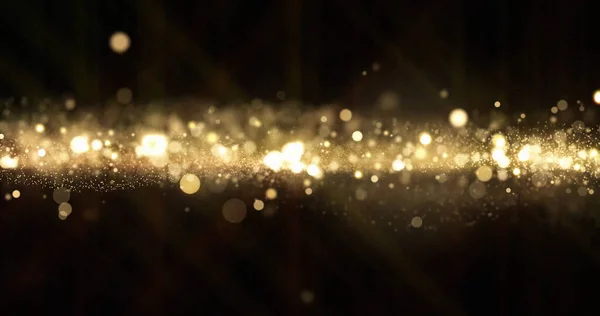 Brillo dorado, las partículas de onda de luz brillan efecto bokeh sobre el fondo negro. Brillantes chispas de oro y brillante luz brillante superposición brillo — Foto de Stock