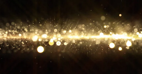 Goldglitzerwelle, Lichtteilchen leuchten Bokeh-Effekt auf schwarzem Hintergrund. Goldglitzernde Funken und glitzerndes glitzerndes Licht — Stockfoto