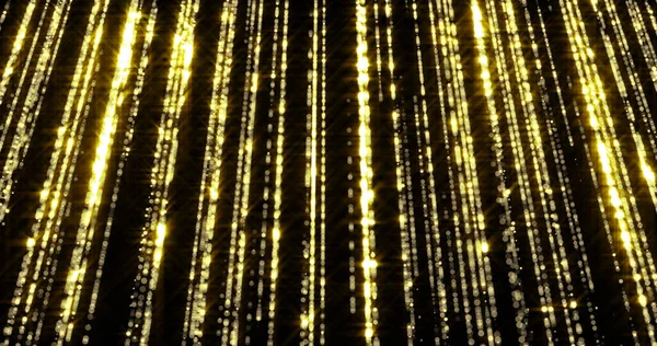 Gyllene glitter flödande partiklar, gnistrande ljus gardin bakgrund. Guld glitter fallande gnistor, glödande trådar och glänsande glittrande skimmer bländning — Stockfoto