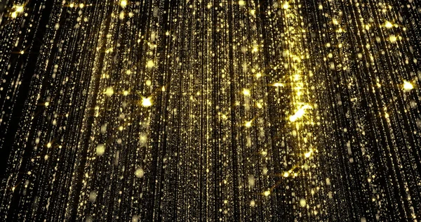 Golden glitter falling particles, sparkling light flow curtain background. Flowing magic light, falling sparks, glowing threads and shiny sparkling shimmer glare