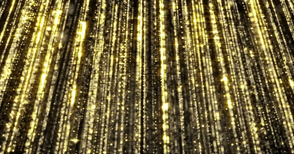 Goldener Glitzervorhang, golden glitzernde Partikel fließen, magisches Licht funkelt. Glühender Funken und glitzernder Schimmer — Stockfoto