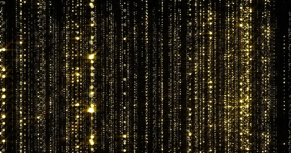 Golden glitter threads curtain, flowing light particles with bokeh sparks. Gold glitter falling flow background with magic glowing shimmer glare — Stockfoto