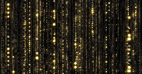 Cortina de fios de brilho dourado, partículas de luz fluindo com faíscas de bokeh. Ouro brilho chuva caindo fundo de fluxo com brilho brilho brilho mágico — Fotografia de Stock