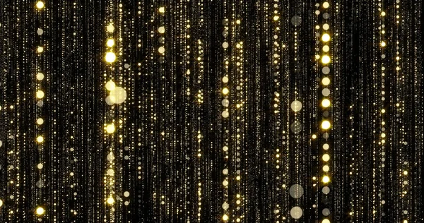 Goldglitzern und Goldpartikel regnen, fließende Lichtfäden umhüllen den Vorhang mit Bokeh-Funken. Gold-Glitzerpartikel regen fallenden Flow Hintergrund mit magischen glühenden Schimmer Blendung — Stockfoto