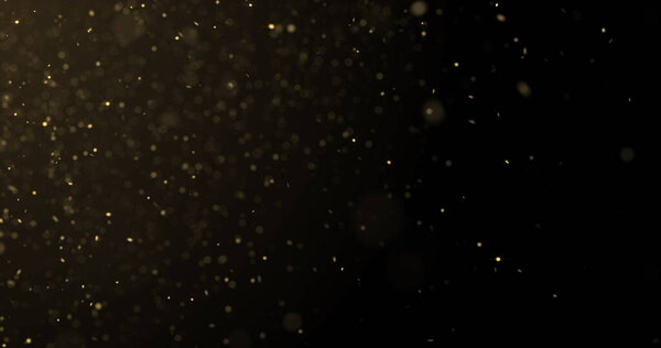 Золотой блестящий дождь и частицы золота светятся боке-светом. Золотые искры брызги, мерцающий поток свечения на роскошном черном фоне пространства
