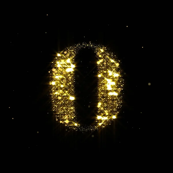黄金の輝き番号0 、輝く金の光と輝く金の粒子がフォントを輝きます。輝くスパンコールの数と豪華な黒の背景に輝く輝き — ストック写真
