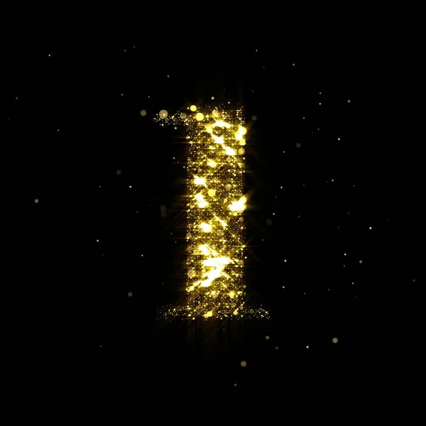 Sclipirea de aur numărul 1, lumina de aur strălucitoare și particulele de aur strălucesc font. Numărul unu de paiete strălucitoare și sclipiri strălucitoare pe fundalul negru de lux — Fotografie, imagine de stoc