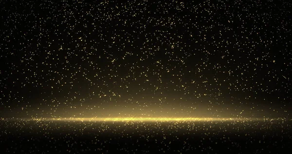 Goldener Glitzerregen, Goldpartikel funkelnde Lichter. Bokeh-Lichtfunken und Schimmern leuchten auf luxuriösem schwarz-goldenem Hintergrund — Stockfoto