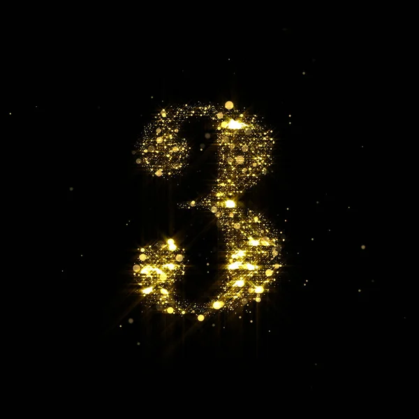 Golden glitter number 3, sparkling gold light and glowing gold particles shine font. Number three of shimmering sequins and glow sparkles on luxury black background — Stock Photo, Image