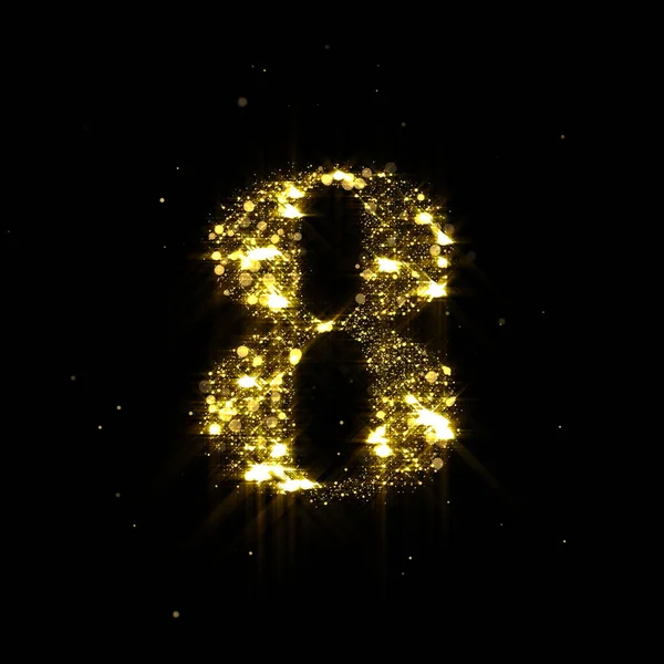 Goldglitzernummer 8, glitzerndes Goldlicht und glühende Goldpartikel leuchten in der Schrift. Nummer acht mit schimmernden Pailletten und glitzerndem Glanz auf luxuriösem schwarzen Hintergrund — Stockfoto