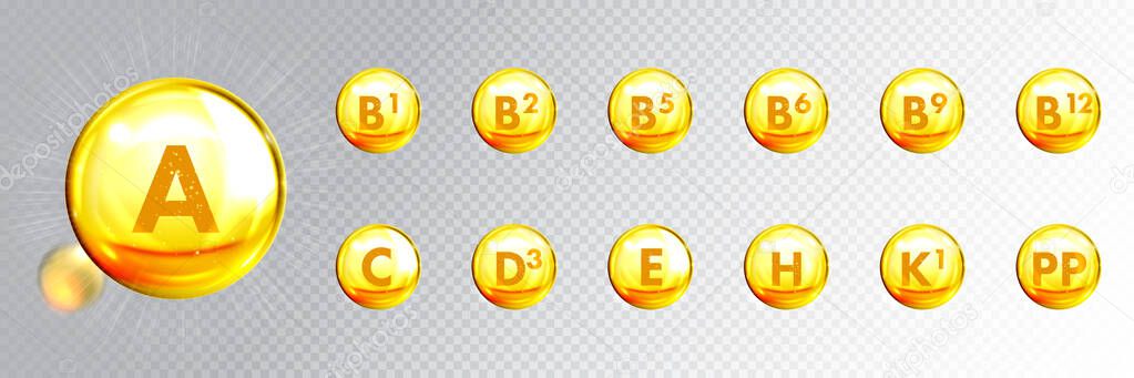 Vitamin golden capsules, vector 3D gold drops. Skincare anti-age and nutrition supplement multivitamin complex, golden oil capsules isolated on transparent background