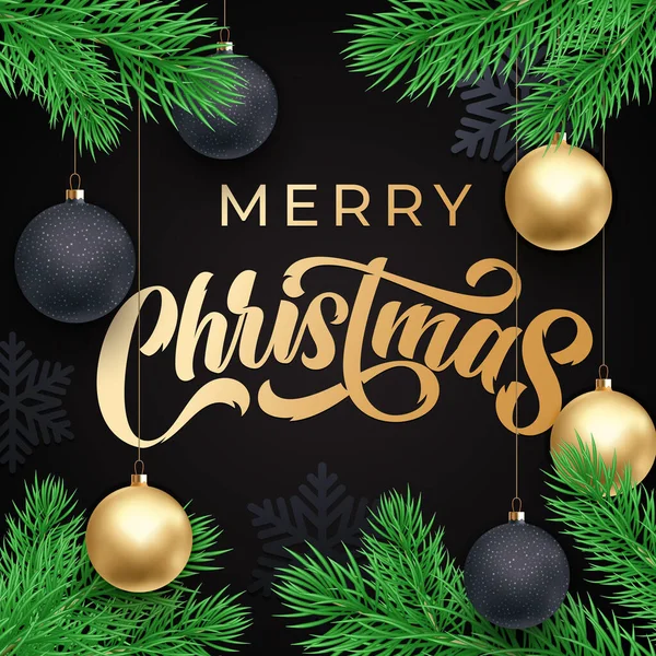 메리 크리스마스 인사말 카드 카드 Xmas 나뭇가지 프레임에 골드 서체. ( 영어 ) A vector winter holiday greeting text and Christmas golden ornaments design on black premium background — 스톡 벡터