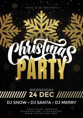 Mutlu noel partisi posterleri. 24 Aralık Xmas kutlamaları ve davetiye pankart şablonu ile yazı, altın folyo kar taneleri ve altın parıldayan yıldızlar premium siyah arka planda