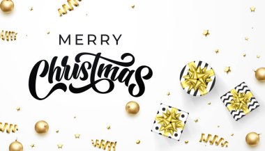 Mutlu noel yazıları ve Xmas süslemeleri, altın yıldızlar, balolar ve konfeti süslemeleri. Vektör Noel hediyeleri ve beyaz arka planda parlak altın konfetileri olan hediye kutuları