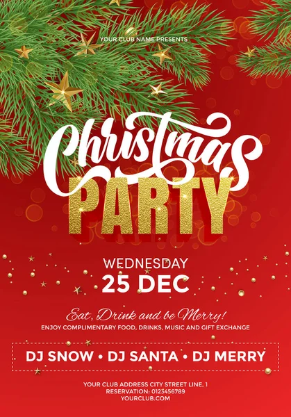 Christmas party celebration, invitation poster template, flyer or banner with red festive background and Christmas decorations on Xmas tree pine and fir branches design — Stock Vector