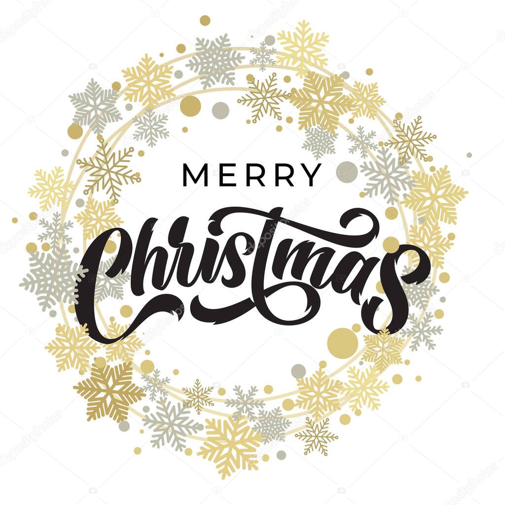 Merry Christmas lettering with golden and silver snowflake ornament pattern, stars and wreath decoration. Merry Christmas calligraphy greeting card on white snow background