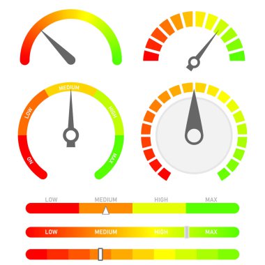 En az puan edinildi göstergeleri renk düzeyleri düşük max ile. Hızölçer, soyut kavram grafik unsuru hız göstergesi. Ölçü aygıtları vektör set.