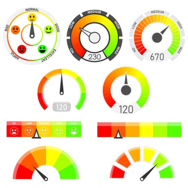 Gauges vector set. Credit score indicators with color levels from low to max. Abstract concept graphic element of tachometer, speedometer. clipart