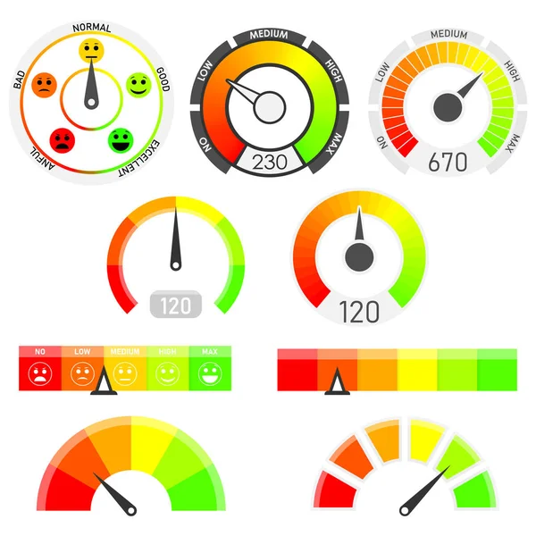 Conjunto Vectorial Medidores Indicadores Puntaje Crédito Con Niveles Color Bajo — Vector de stock