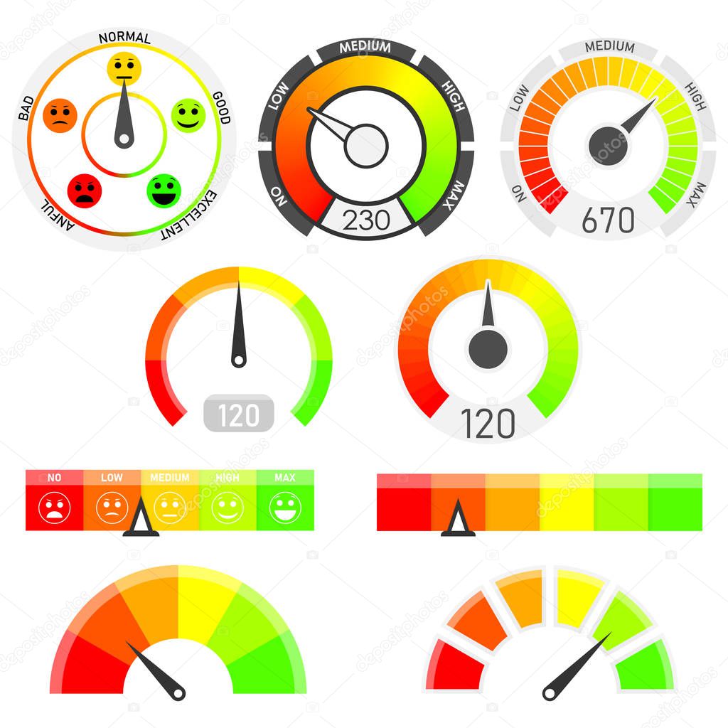 Gauges vector set. Credit score indicators with color levels from low to max. Abstract concept graphic element of tachometer, speedometer.