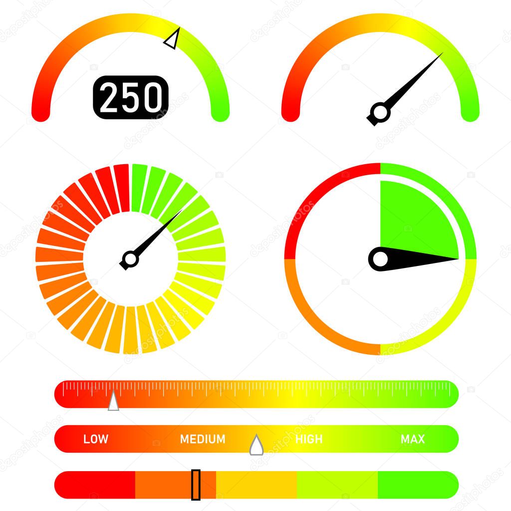 Gauges vector set. Credit score indicators with color levels from low to max. Abstract concept graphic element of tachometer, speedometer.