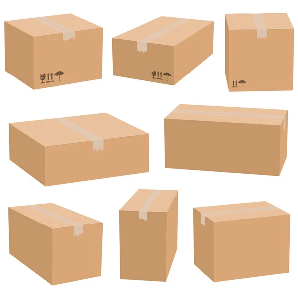 Set Scatole Cartone Isolate Sfondo Bianco Scatola Imballaggio Cartone Vettoriale — Vettoriale Stock