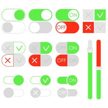 Düz toggle şalter cabukşalterli, ışık tema. Ve yeşil sürgü kapalı. App ve Web sitesi için şablon. Vektör öğeleri Kullanıcı arabirimiyle.