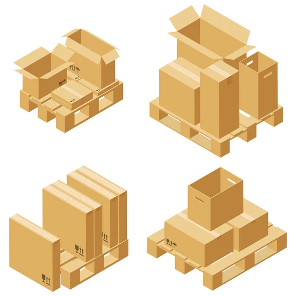 Kartons Und Holzpaletten Isometrisch Isoliert Auf Weißem Hintergrund Vektor Karton — Stockvektor
