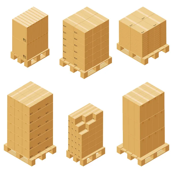 Cardboard Boxes Wood Pallet Isometric Set Isolated White Background Vector — Stock Vector