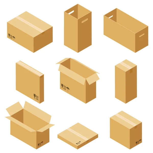 Набір Картонних Коробок Ізольовано Білому Тлі Векторна Коробка Упаковки Зображень — стоковий вектор